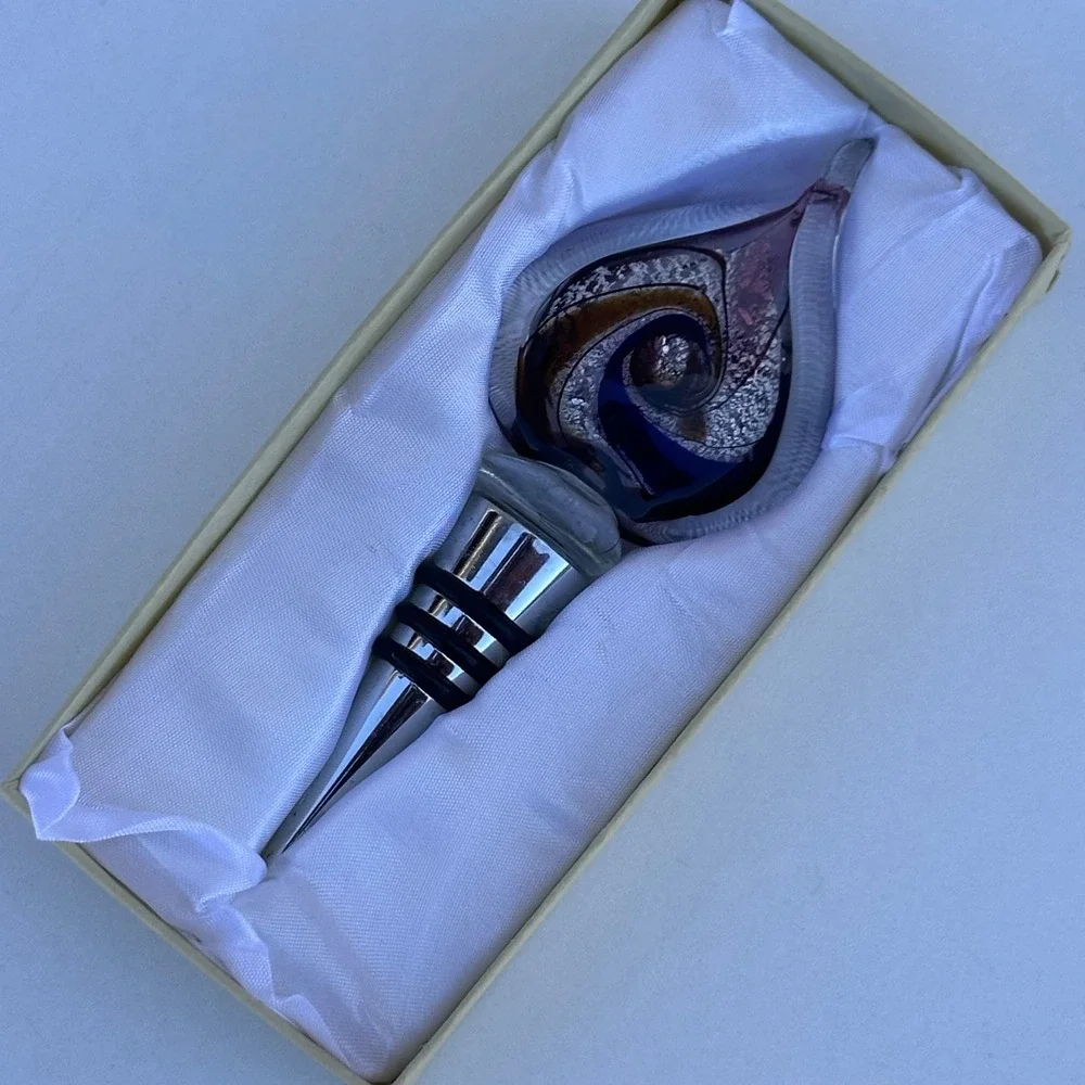 Murano Style Glass Wine Bottle Stopper Blue Purple Swirl with Box